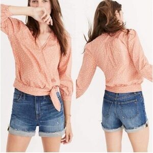 Madewell Star Scatter Tie Wrap Top Peach Pink Blouse Printed 3/4 Sleeve Shirt